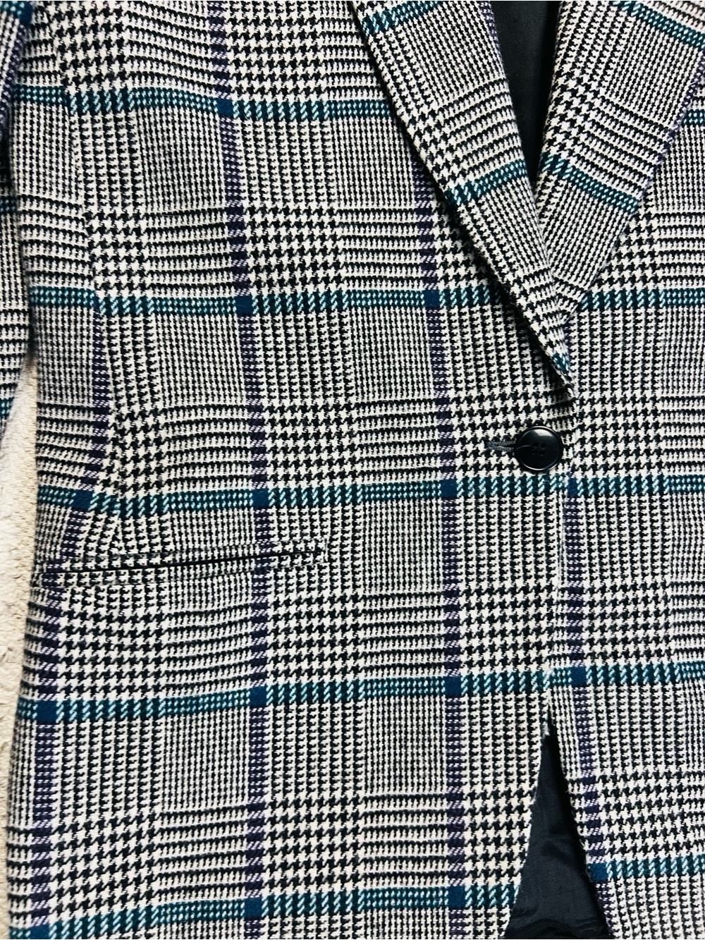 Vintage 90s Glen Plaid Boyfriend Blazer – Black, White & Teal – M/L - Picture 5 of 13